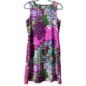 Jude Connally Sleeveless Shift Dress Bold Abstract Print Pink Blue Green M